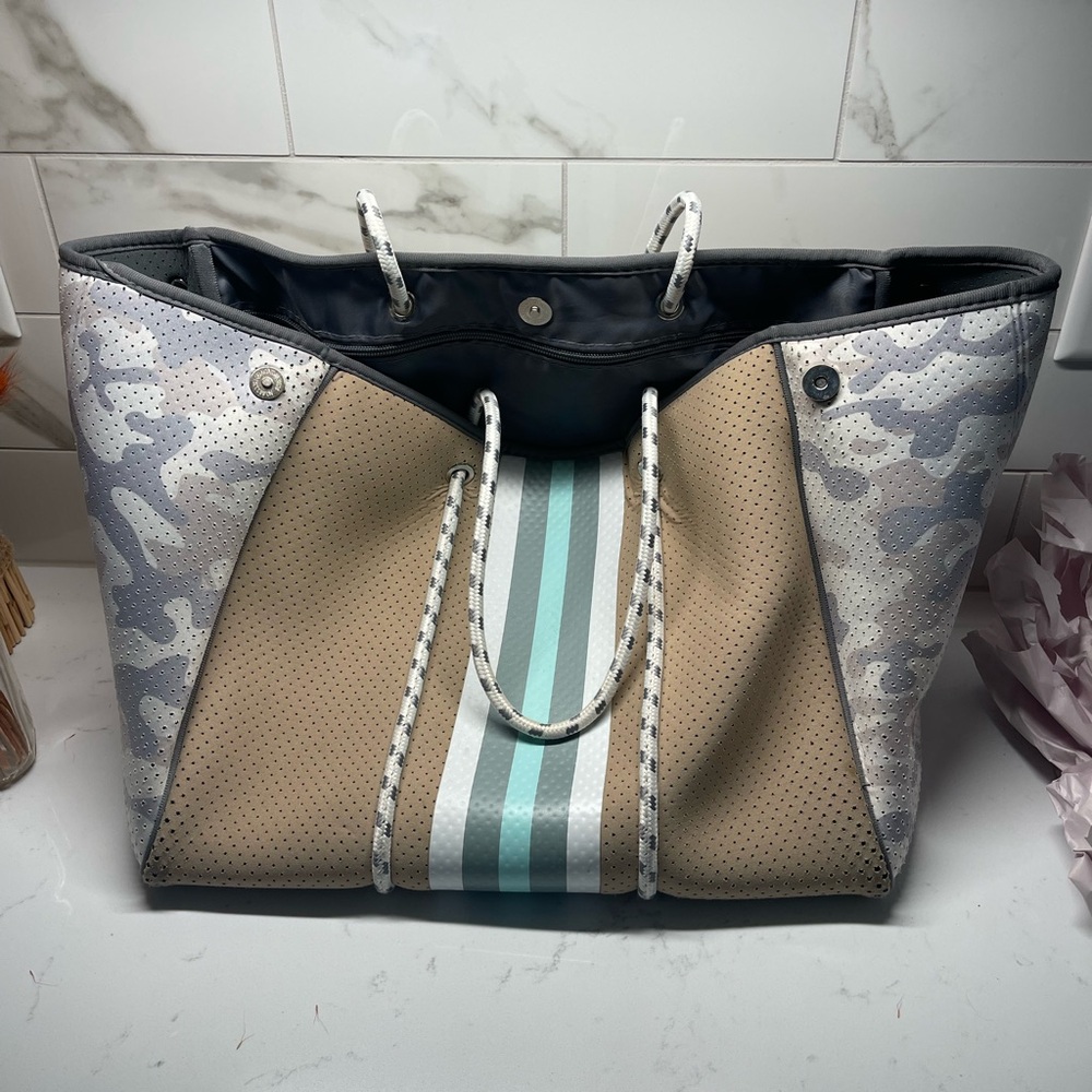 Brown and Gray Perforated Tote Bag with Pouch - Picture 6 of 9